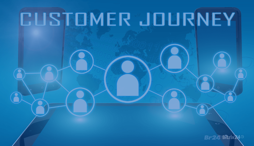 Imagem de um tablet e dois celulares conectados, mostrando a trajetória realizada na jornada do cliente. Acima da imagem encontramos a descrição: Customer Journey.