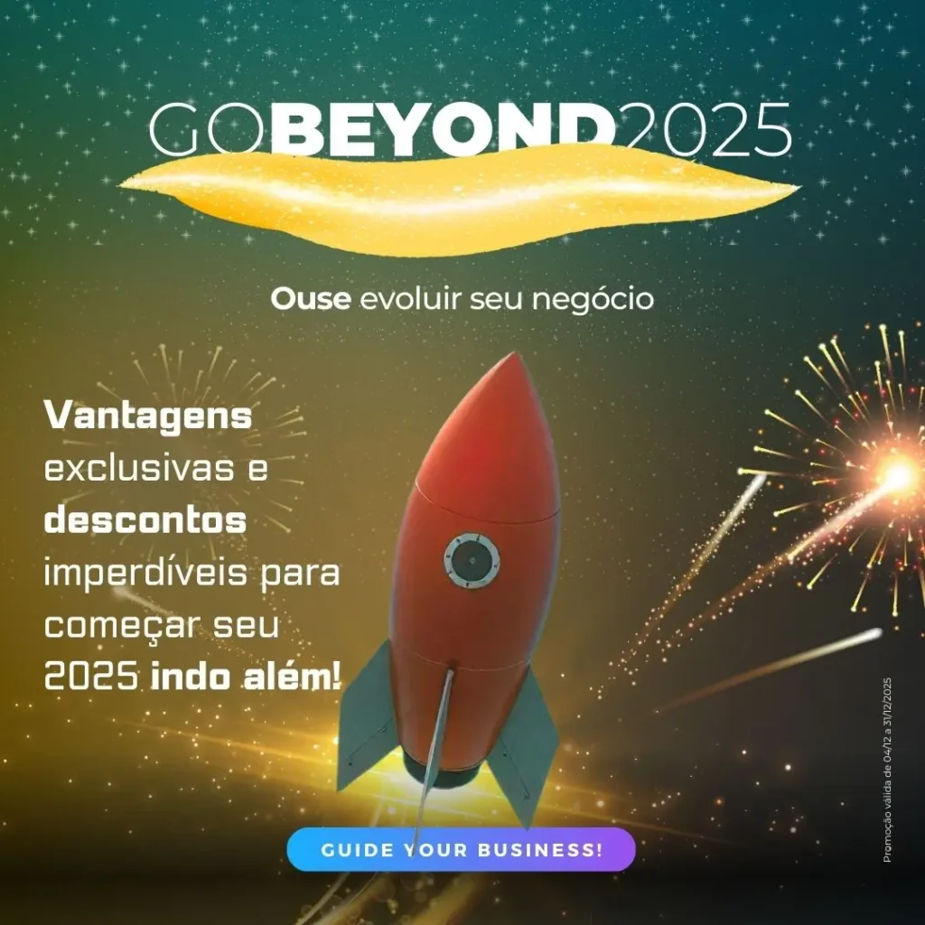 Imagem promocional com foguete vermelho e céu estrelado, destacando a campanha Go Beyond 2025. Vantagens exclusivas e descontos para evoluir seu negócio.