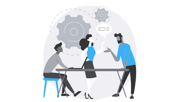 Ilustração de uma equipe de trabalho composta por dois homens e uma mulher em reunião. Mostra o Bitrix24 é bom para ampliar a comunicação e a integração entre as equipes.