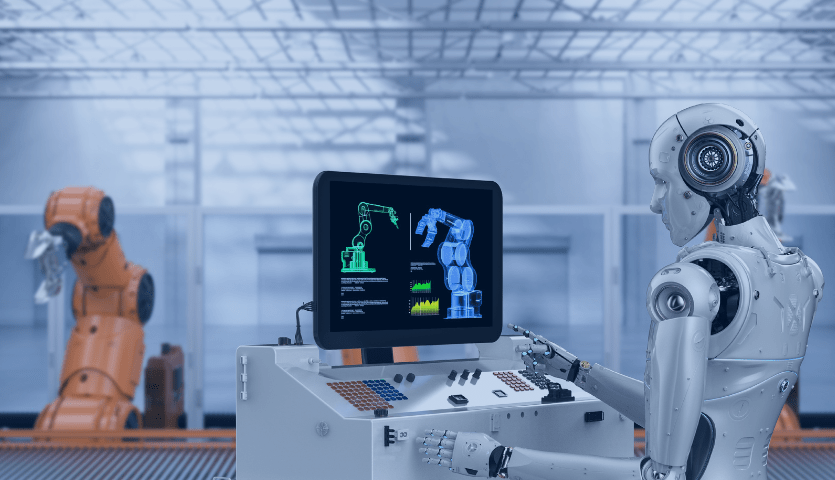 Um robô controla um sistema automatizado exemplificando todo o potencial tecnológico de um sistema de automação comercial.