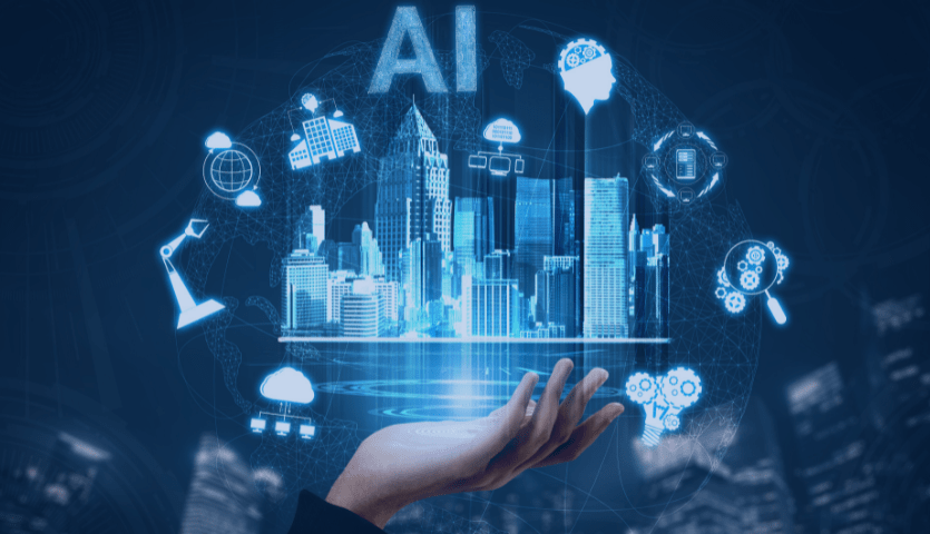 Homem com imagem em holograma projeto em suas mãos de uma cidade cercada pelos processos e conexões realizadas para Inteligência artificial.