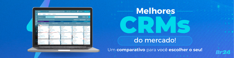 Imagem com fundo azul, escrito Melhores CRMs do mercado: um comparativo pra você escolher o seu. Na imagem há um computador com a tela do Bitrix24. 