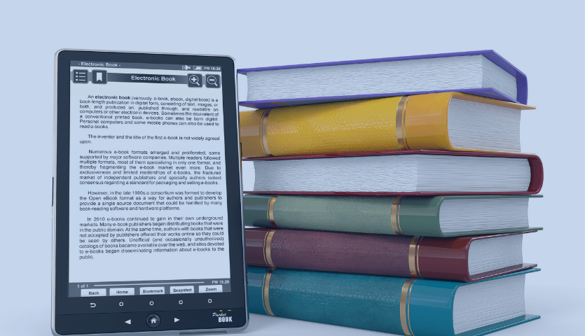Imagem de uma tablet recostando em livros, sendo o tablet um bom exemplo de inovação de produtos.