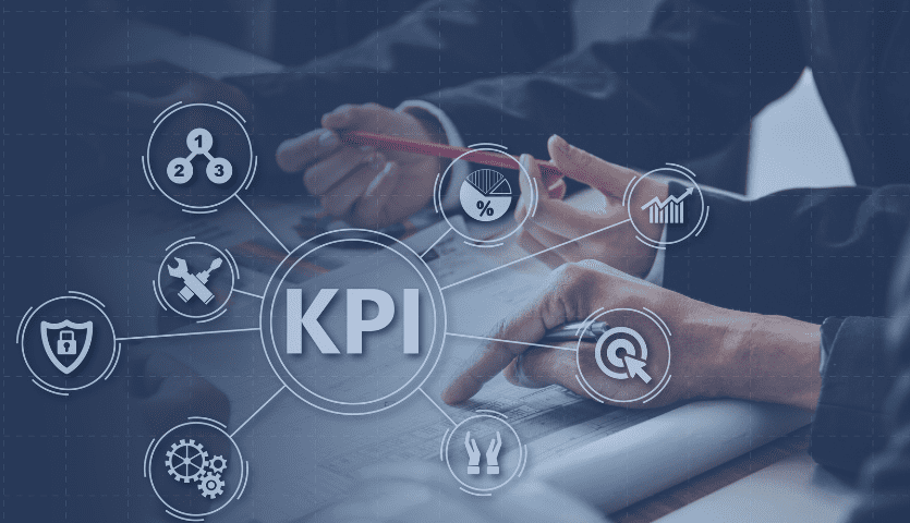 KPI de Vendas com símbolos marketing digital. Equipe de vendas em reunião analisando dados.