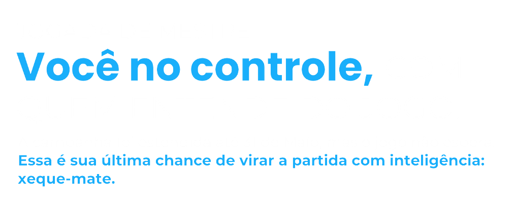 Texto apresentando a frase 'Você no controle, quer vencer?' enfatizando uma oportunidade de ganhar com inteligência em um jogo de xadrez.