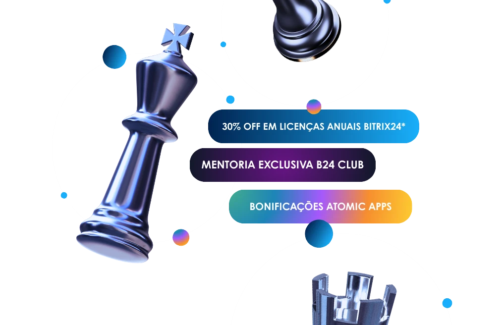 Imagem que ilustra promoções e benefícios do B24 Club, incluindo desconto em licenças Bitrix24 e mentorias exclusivas, destacando oportunidades de crescimento.