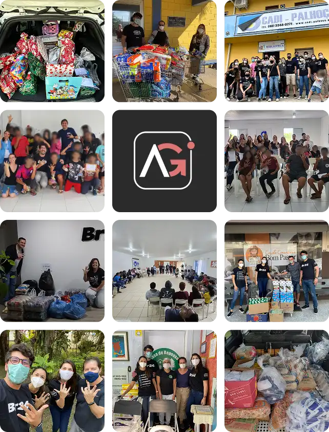 Captura de várias ações de voluntariado, incluindo arrecadação de doações, distribuição de alimentos e participações em eventos sociais, apoiando causas beneficentes com envolvimento de grupos diversos.